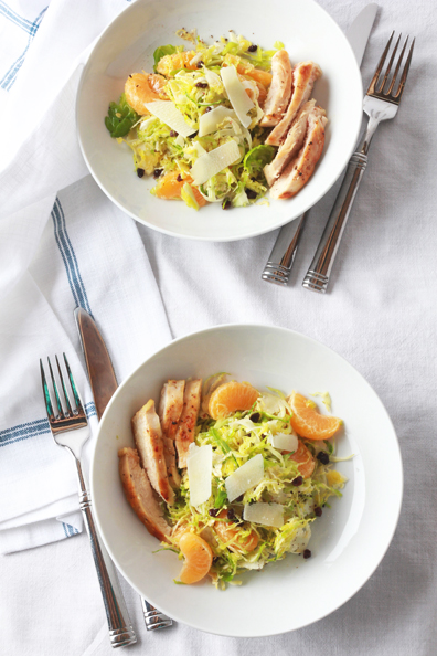shaved brussels sprouts with clementines, currants and grilled chicken | perpetually chic