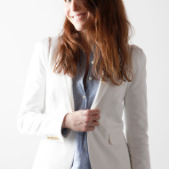 White Blazer, Striped Pullover, Black Pants | Perpetually Chic