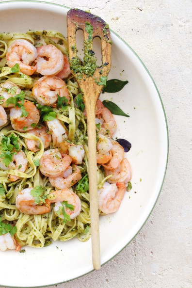 Spicy Pesto Pasta with Shrimp | Perpetually Chic