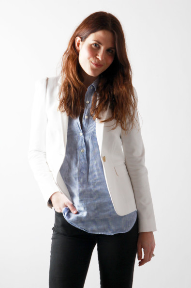 White Blazer, Striped Pullover, Black Pants | Perpetually Chic