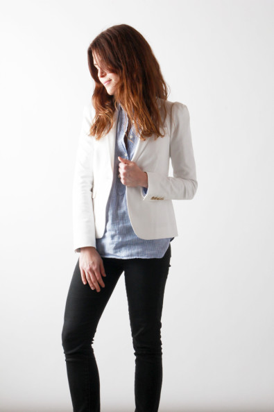 White Blazer, Striped Pullover, Black Pants | Perpetually Chic