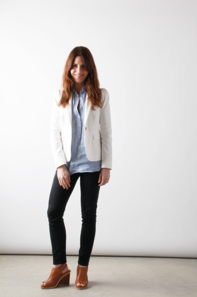 White Blazer, Striped Pullover, Black Pants | Perpetually Chic